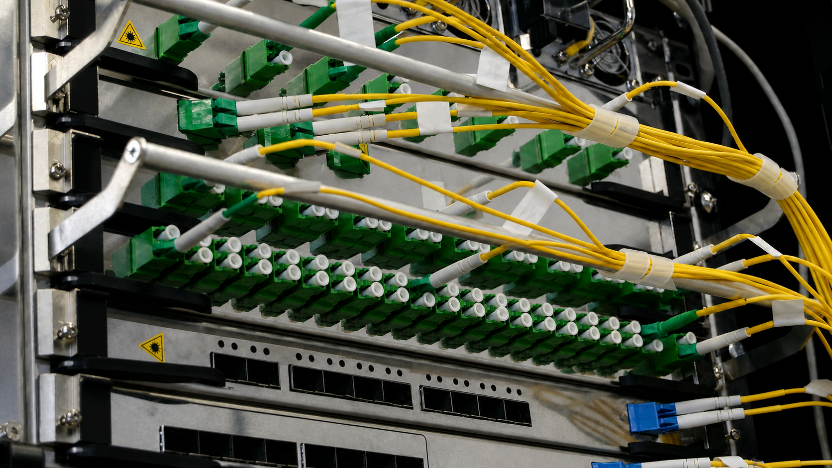 Yellow fiber-optic cables connected to green ports on network equipment.