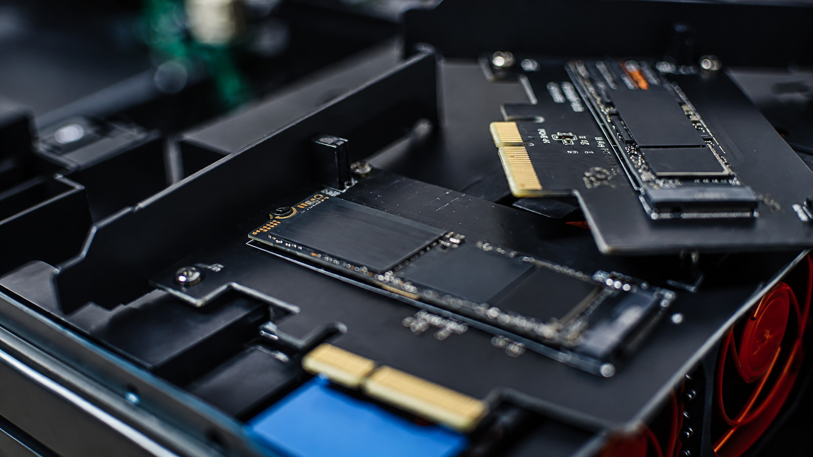 Several M.2 NVMe drives installed across a computer motherboard.