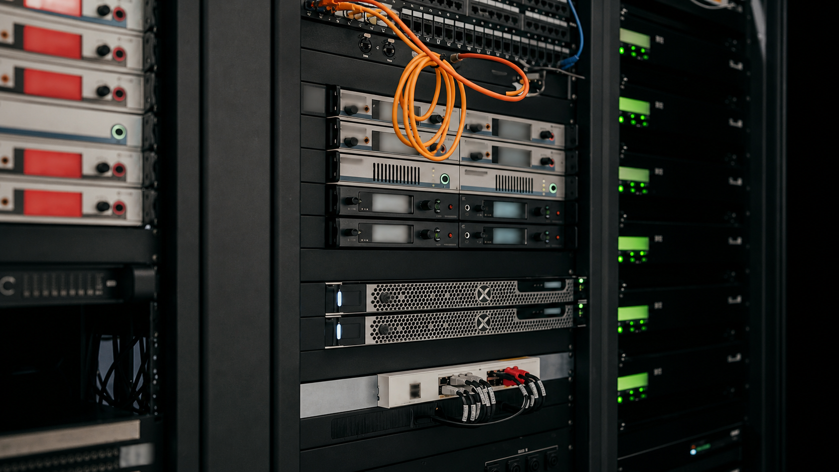 Rack-mounted network equipment with orange and black patch cables and green status lights.