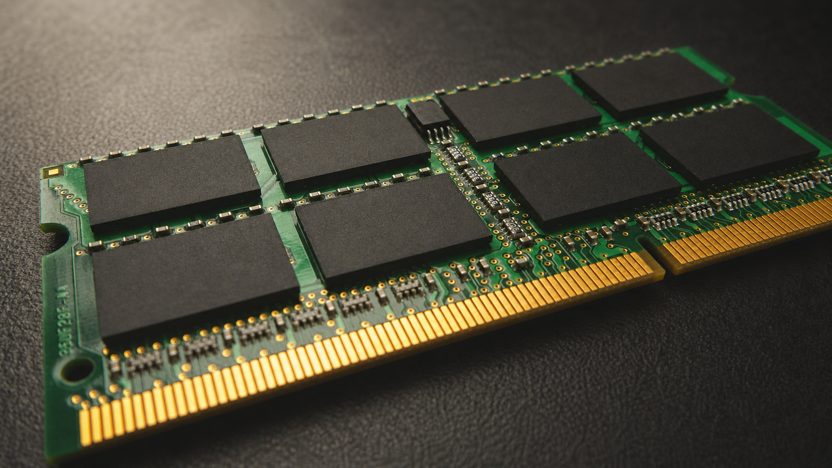 Close-up of a memory module with black chips, a green circuit board, and gold edge contacts.