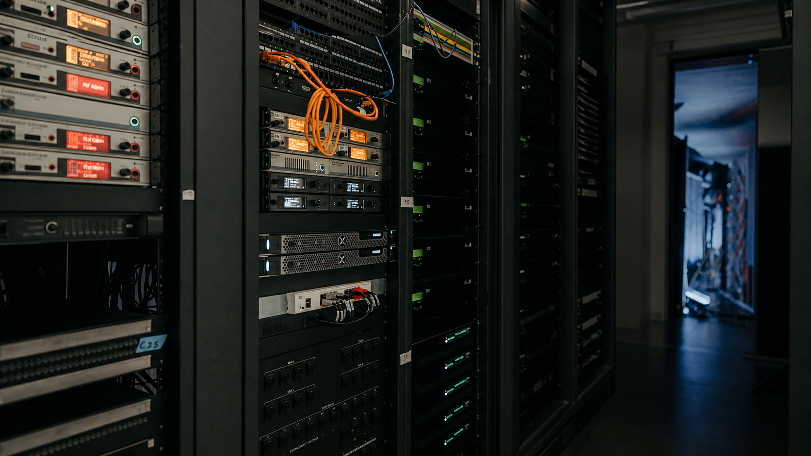 Installed server and network racks with ventilation openings, cabling, and aisle depth visible.