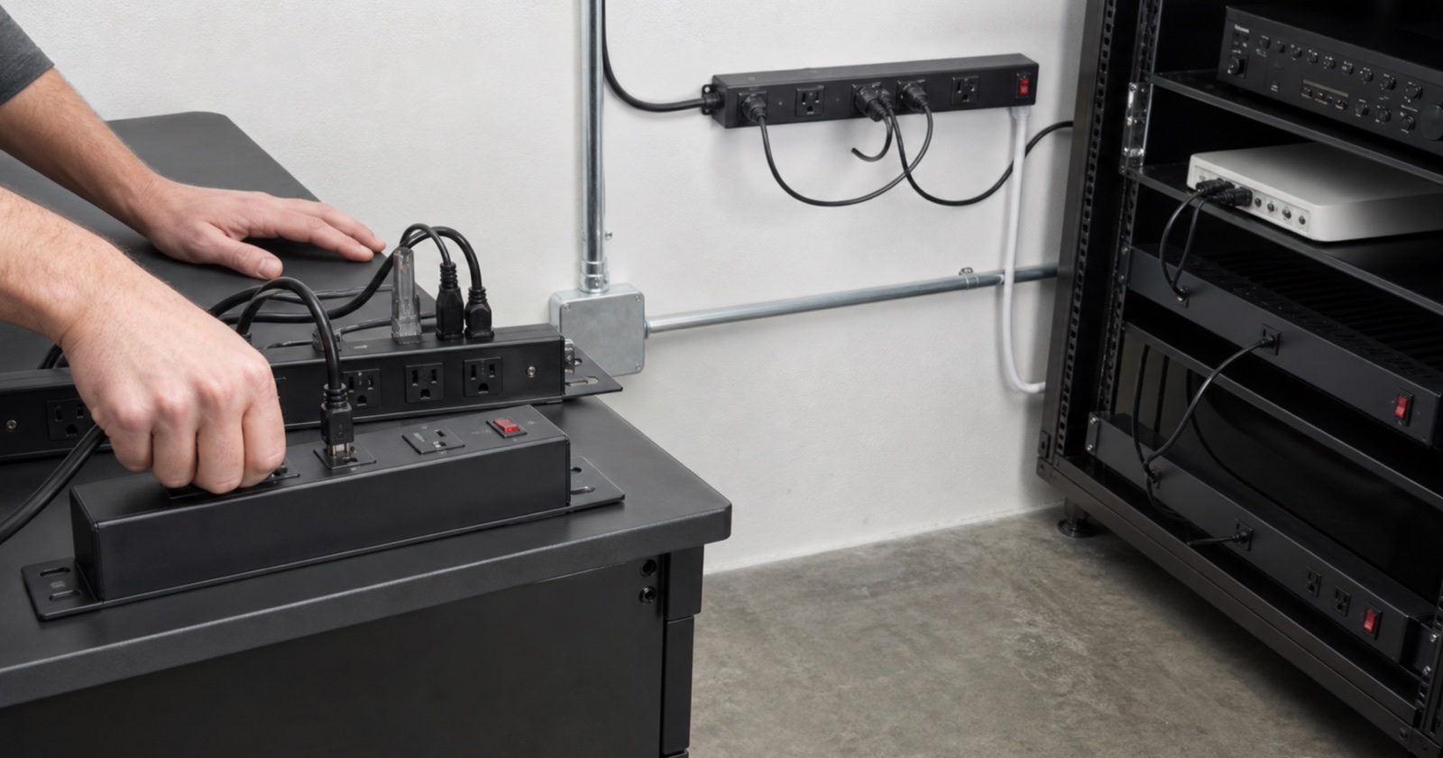 Wall-mounted power strip wired into an equipment rack
