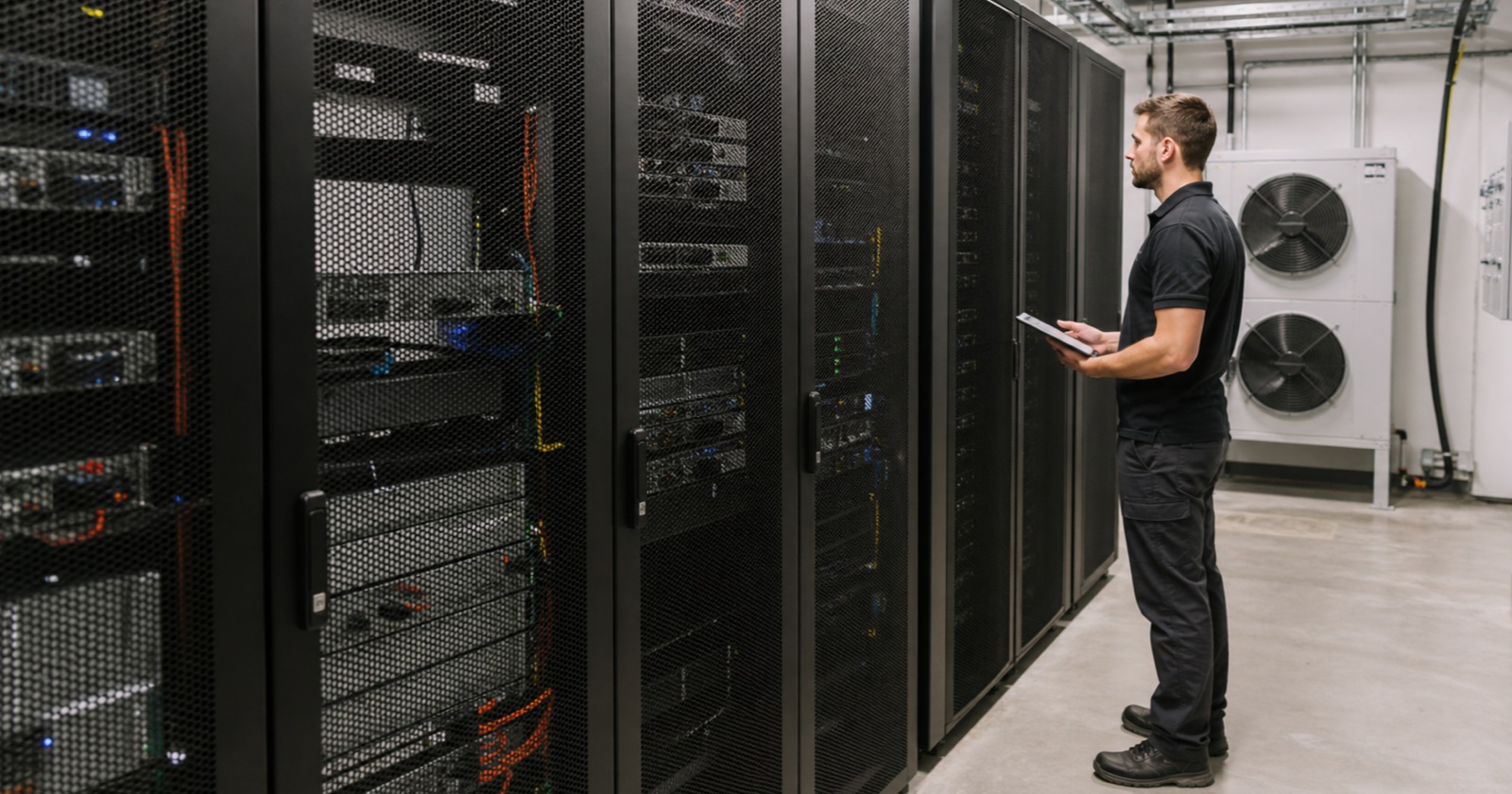 Rows of server rack enclosures in a data center aisle