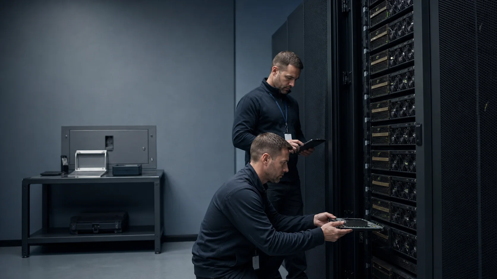 Two technicians performing controlled media transfer beside an isolated GPU rack