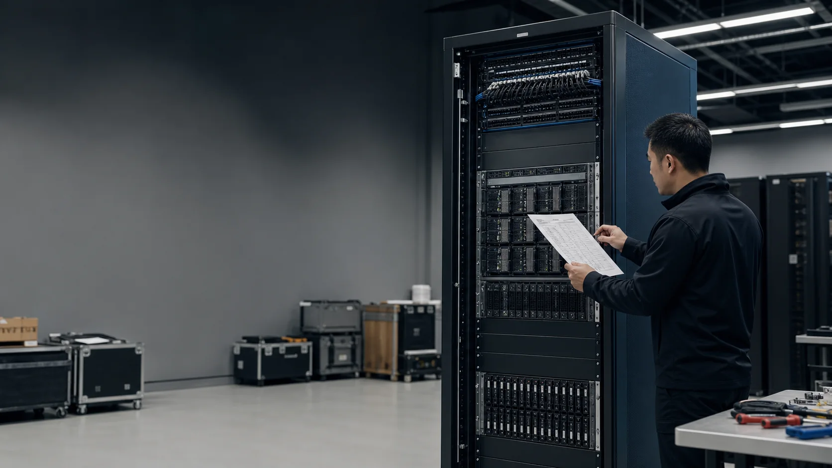 Engineer checking a complete integrated AI server rack against its rack elevation