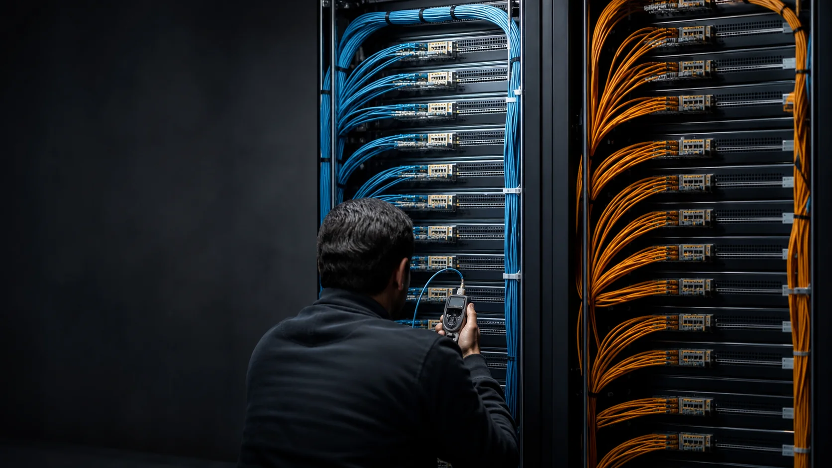 Network engineer inspecting two high-speed optical fabrics in adjacent data-center racks