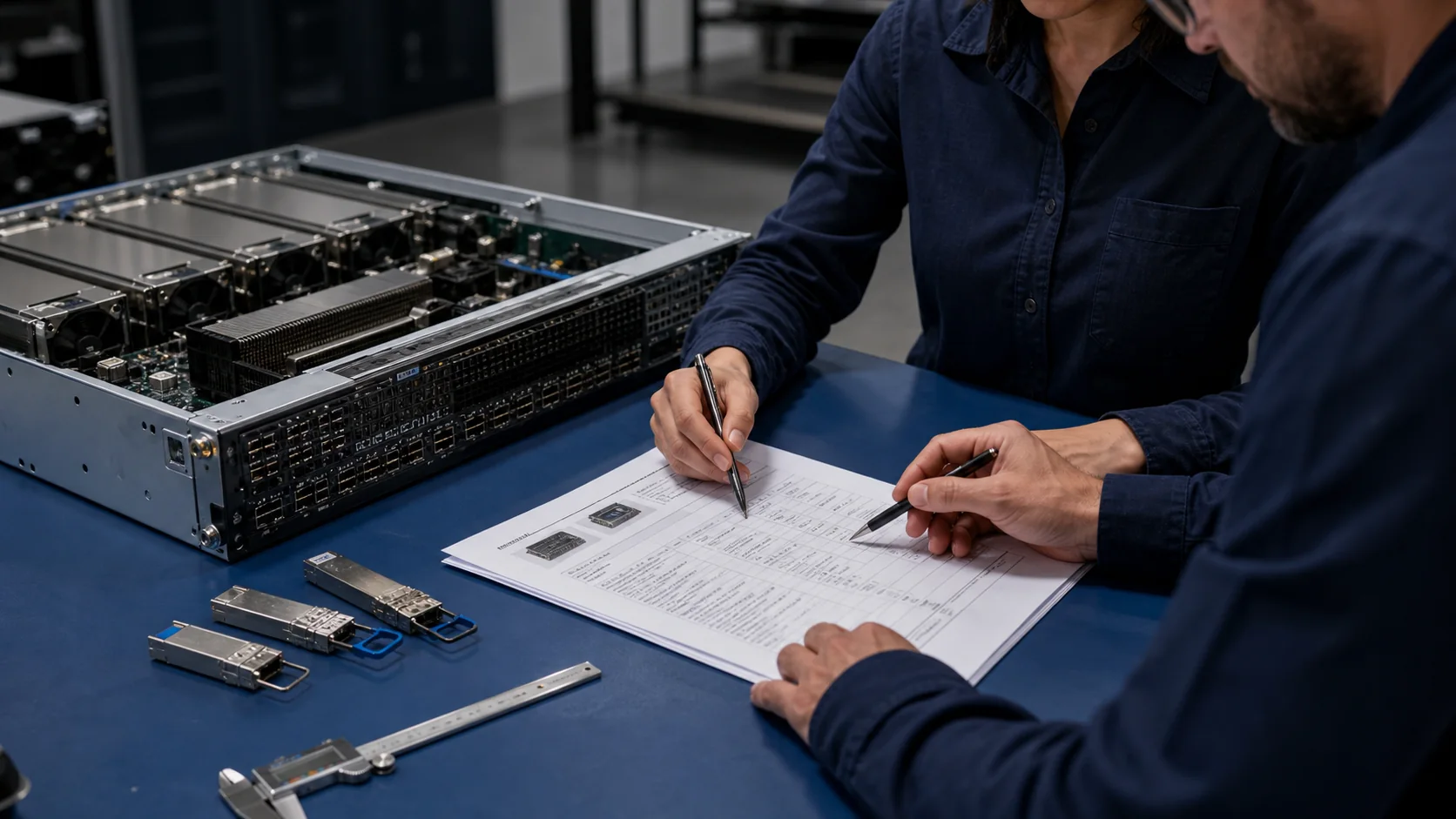 Acquisition specialist and engineer marking server requirements beside an open GPU chassis