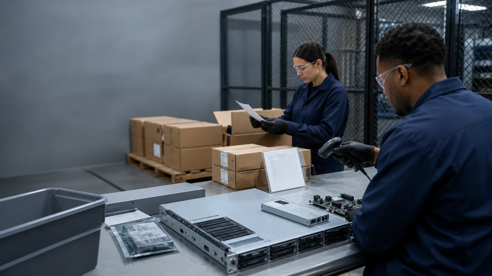 Technicians scanning and inspecting AI server components at a secure receiving station
