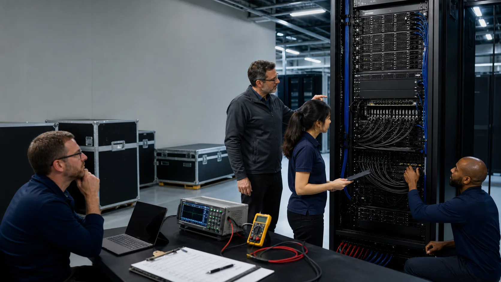Multidisciplinary team factory-testing a complete integrated GPU rack