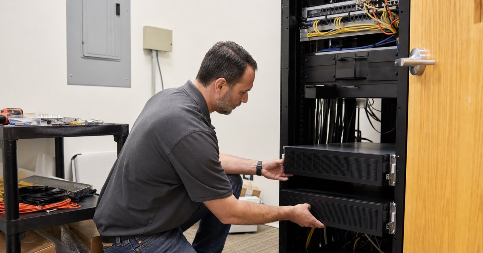 Rack-mount and tower UPS units installed in a server closet