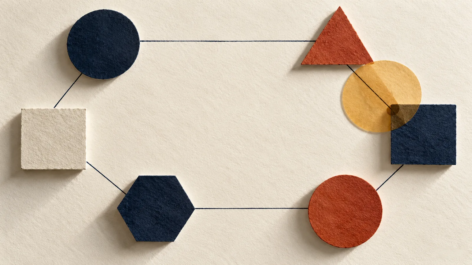 Navy and rust paper shapes linked by thin lines on an ivory background.