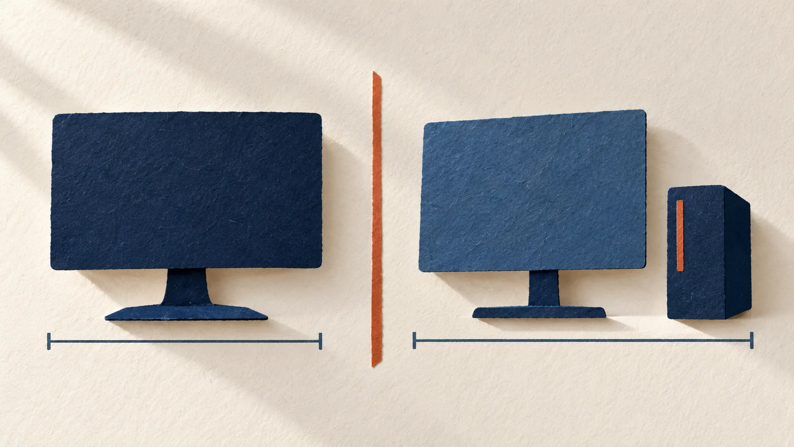 Paper silhouettes compare one integrated display with a separate display and computer.