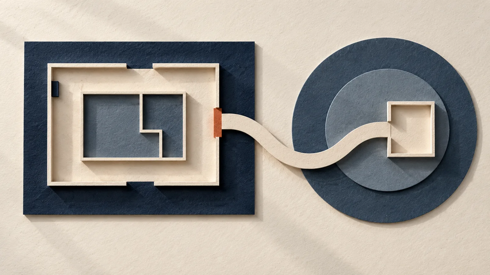 Layered navy paper floor-plan shapes linked to a circular zone by a curved path.