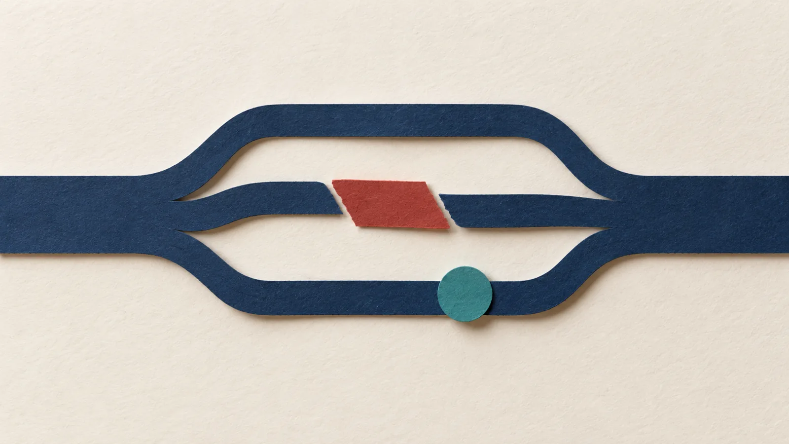 Navy paper paths split and rejoin around rust and teal markers.