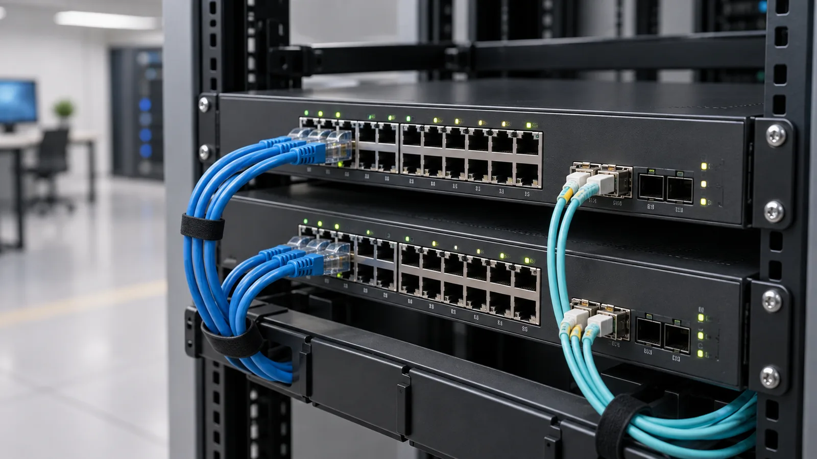 Two enterprise network switches with copper Ethernet ports and fiber connections in a clean IT equipment setting