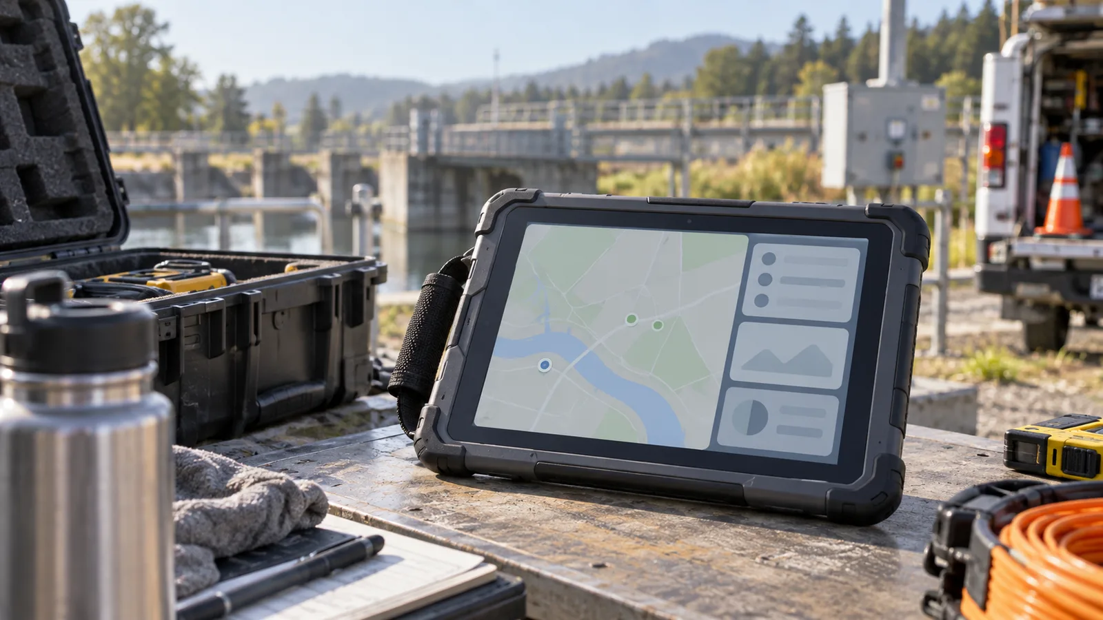 A field technician using a rugged tablet beside inspection equipment outdoors