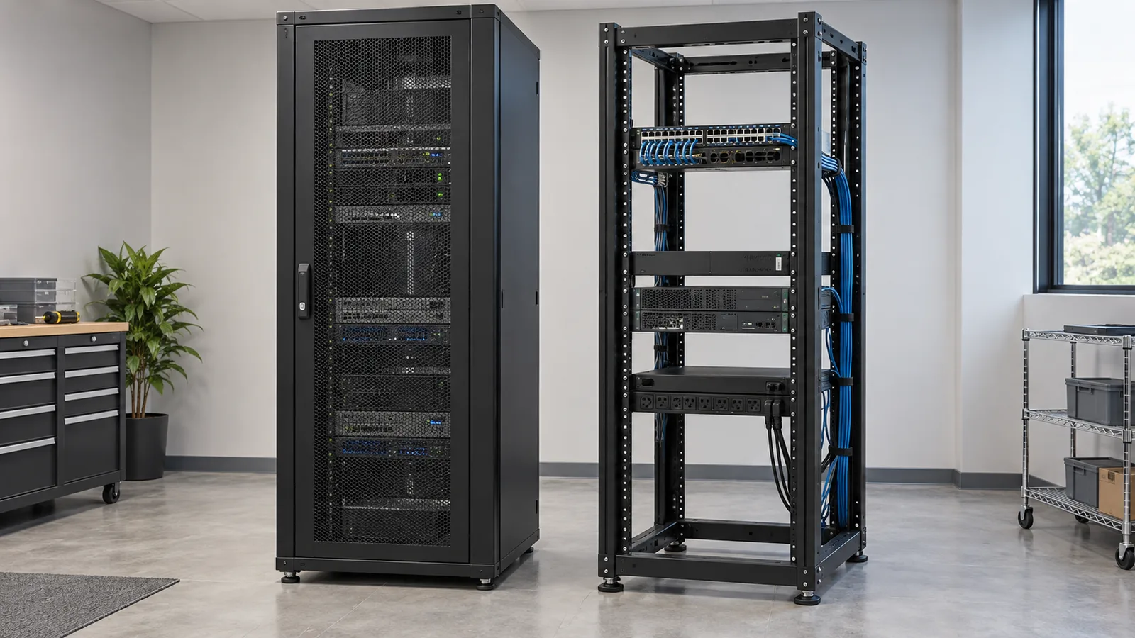 Illustration of an enclosed server rack beside an open four-post rack in an organized IT room