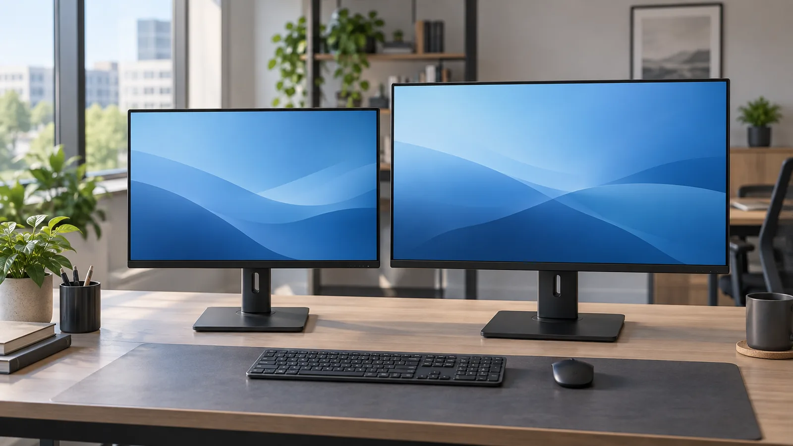 Professional monitors of different sizes arranged on an organized agency workstation