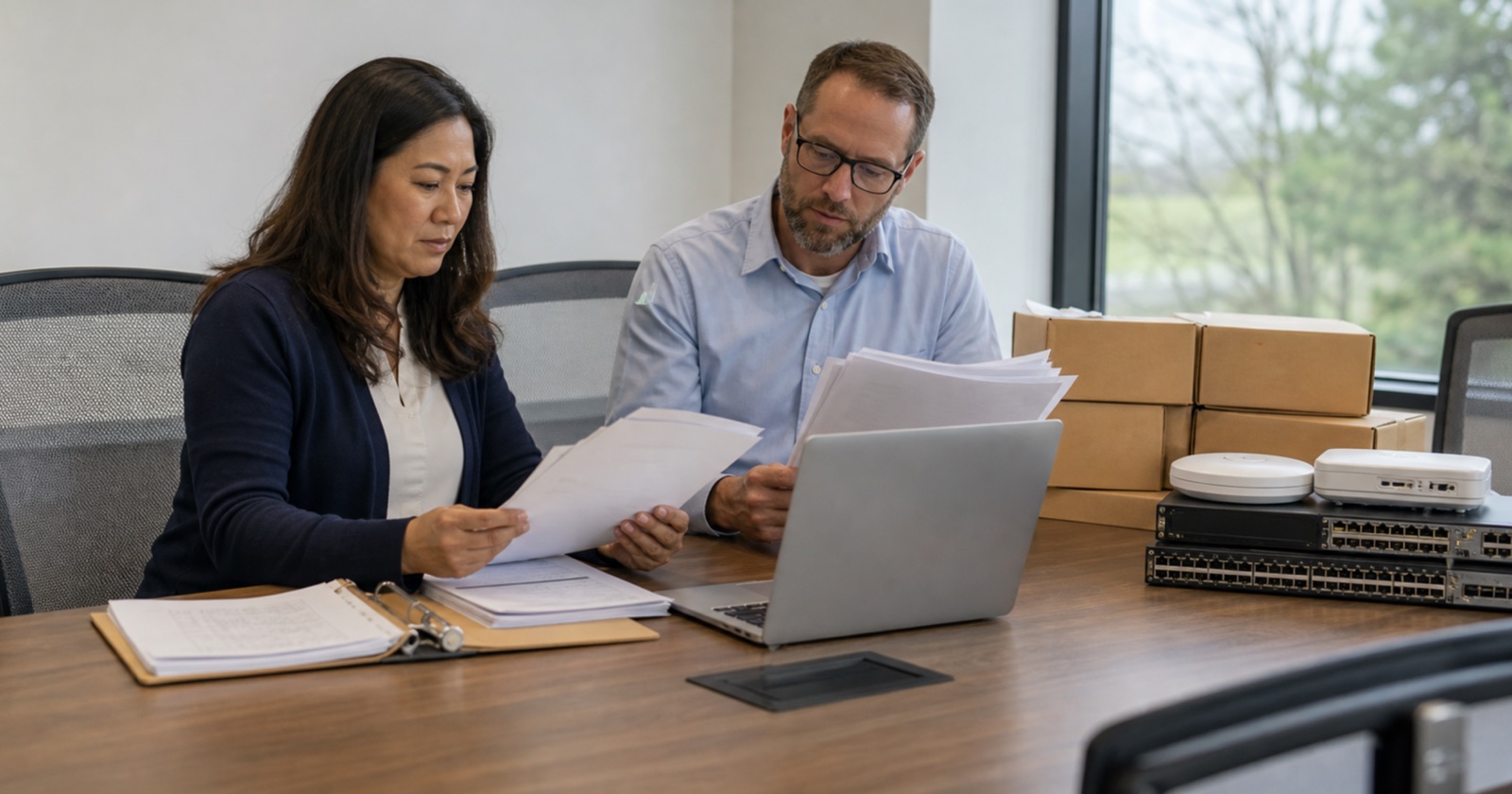 Colleagues comparing purchase-order paperwork beside stacked servers and networking gear