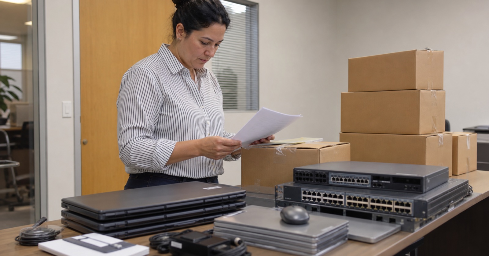 Colleagues reviewing a sourcing checklist beside stacked hardware inventory