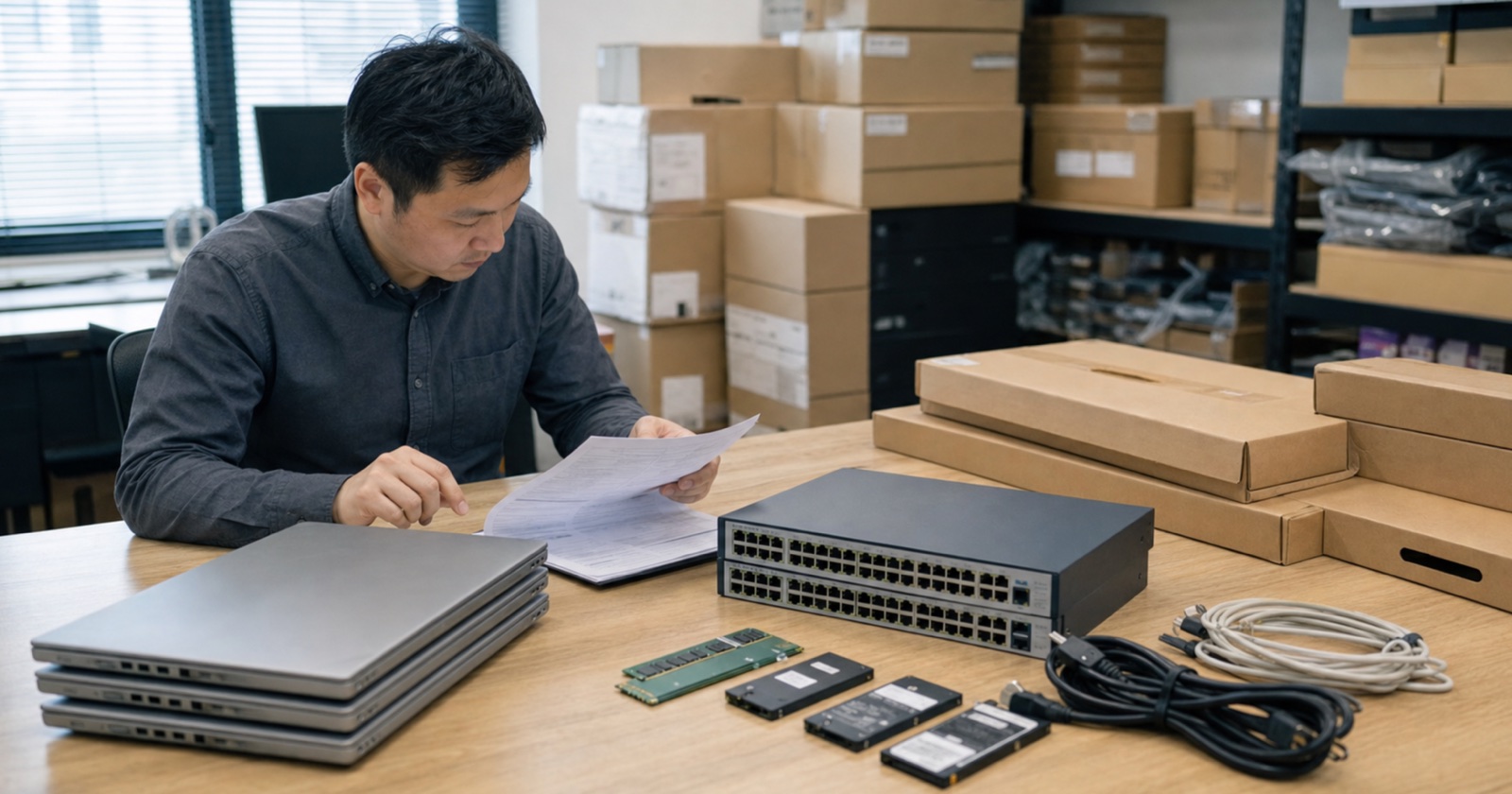 Procurement staff reviewing a hardware bill of materials beside boxed equipment
