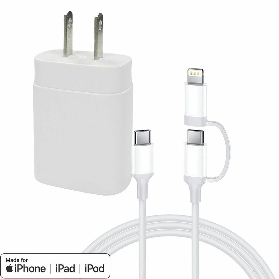 4XEM 25W USB-C PD Wall Charger Kit with 3ft USB-C to USB-C Cable & Lightning Adapter, MFi Certified, White