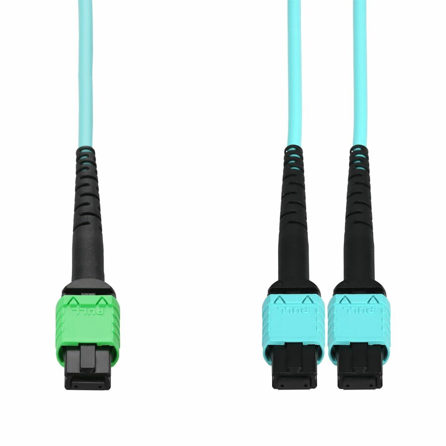 AddOn 7m MPO/APC to 2xMPO/UPC Aqua OM4 OFNR (Riser-Rated) 16-Strand Fiber Fanout Cable, MMF (Multi Mode), 50/125