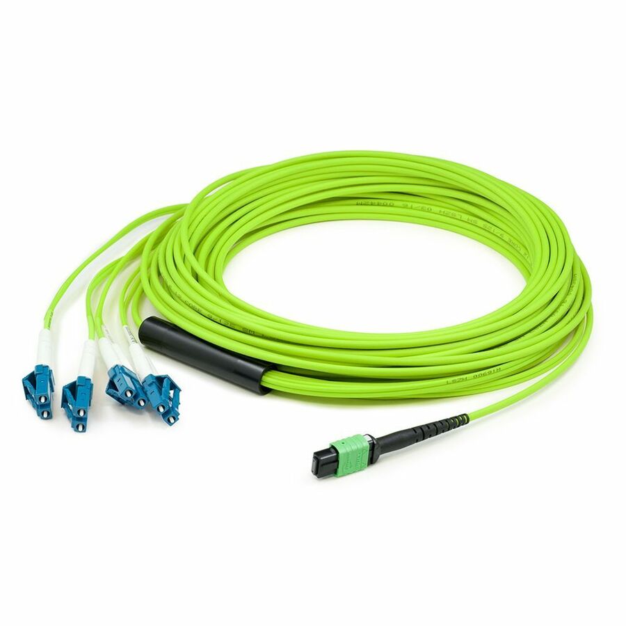 AddOn 20m MPO/UPC to 4xLC/UPC Duplex Lime Green OM5 OFNR (Riser-Rated) 12-Strand Fiber Fanout Cable