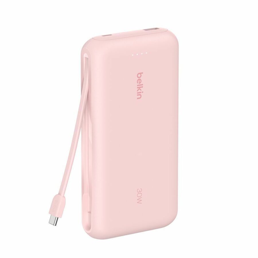 Belkin 30W 2-port Power Bank w/ Integrated USB-C Cable - 20K mAh - 1xUSB-A, 1xUSB-C - Portable Charger - Pink