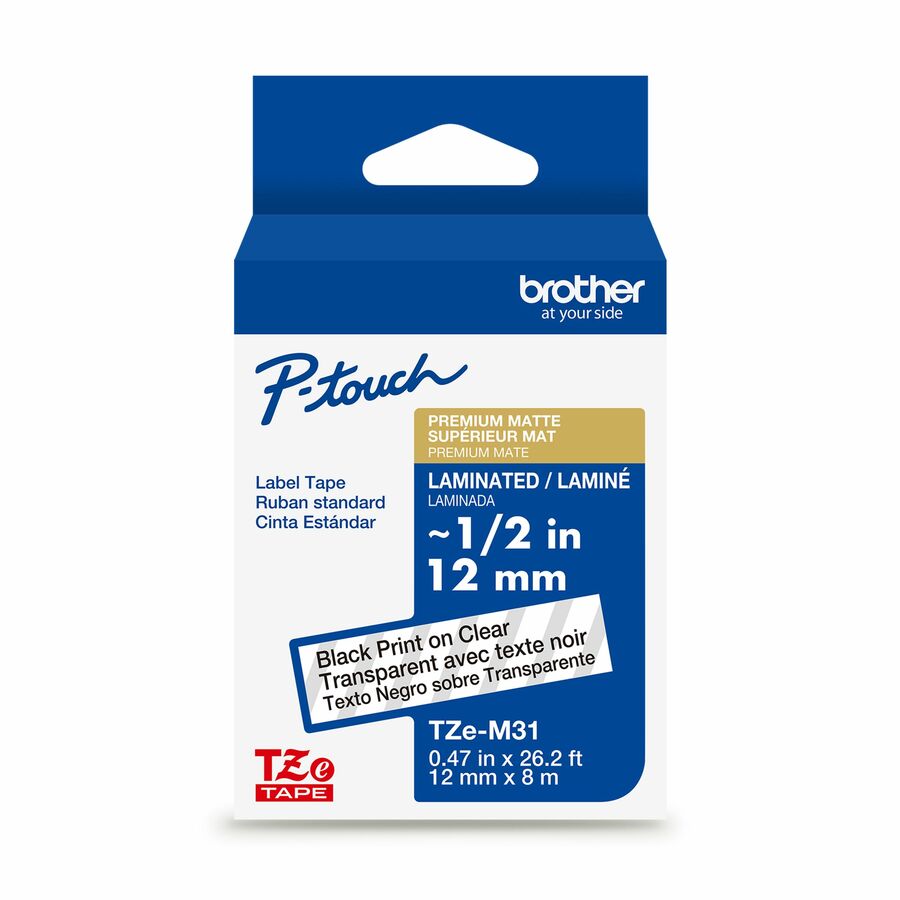 Brother Genuine P-touch TZeM31 BK on CLR Label Tape, Premium Matte Laminated, 12mmX8m