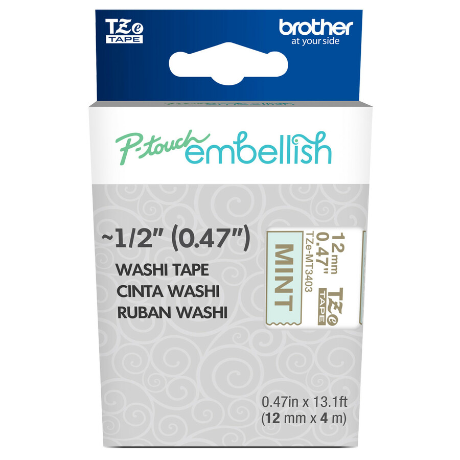 Brother P-touch Embellish Gold on Mint Washi Tape 12mm (~1/2") x 4m
