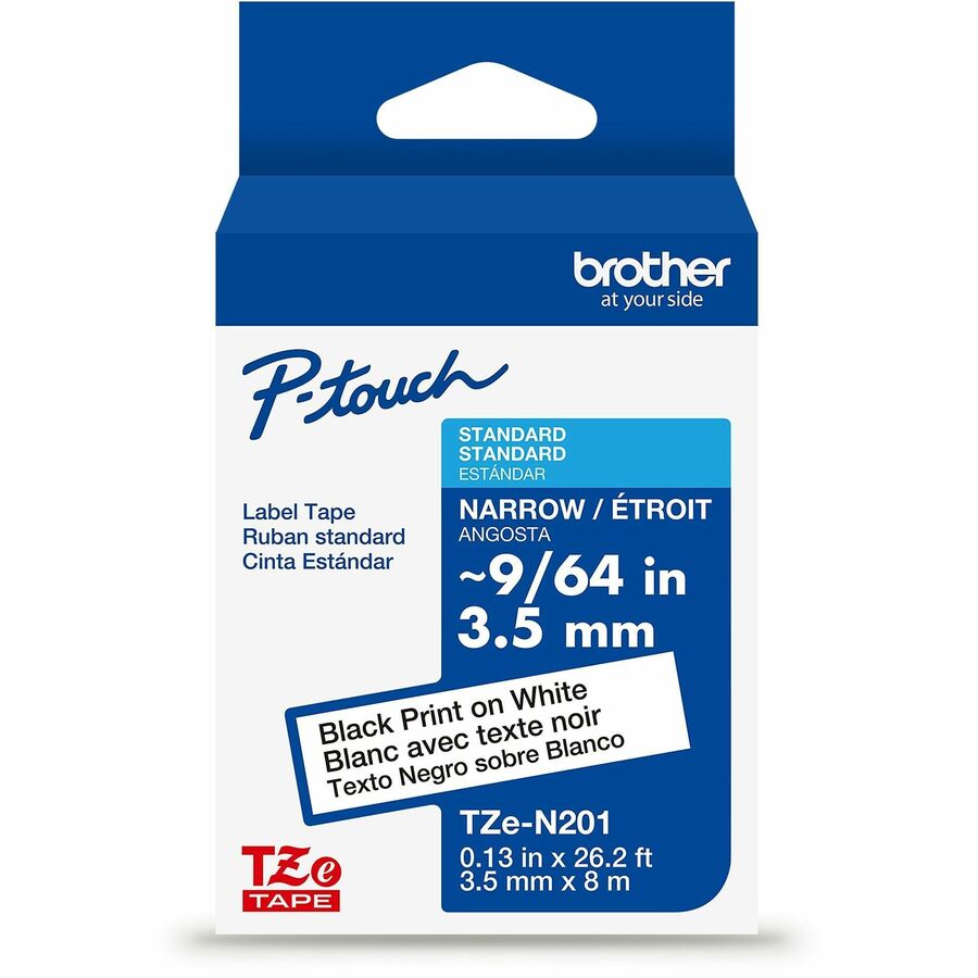Brother Genuine P-touch TZeN201 BK on WHT Narrow Non-Laminated Label Tape, 3.5mmX8m