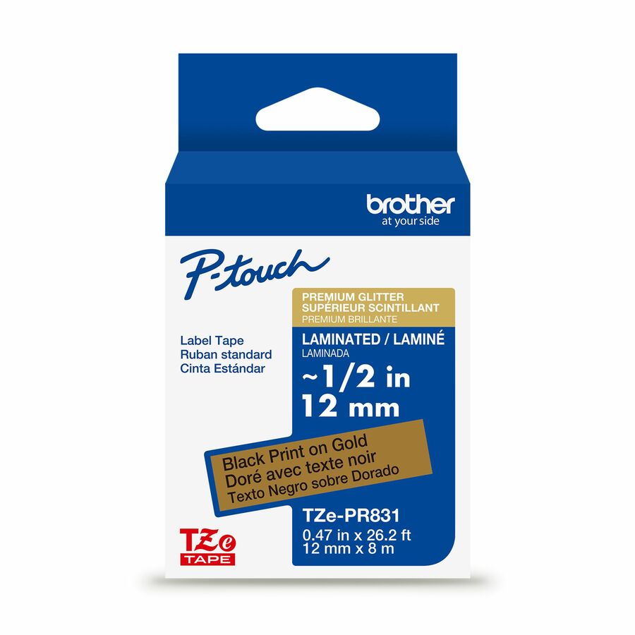 Brother Genuine P-touch TZePR831 BK on GLD Label Tape, Premium Glitter Laminated, 12mmX8m