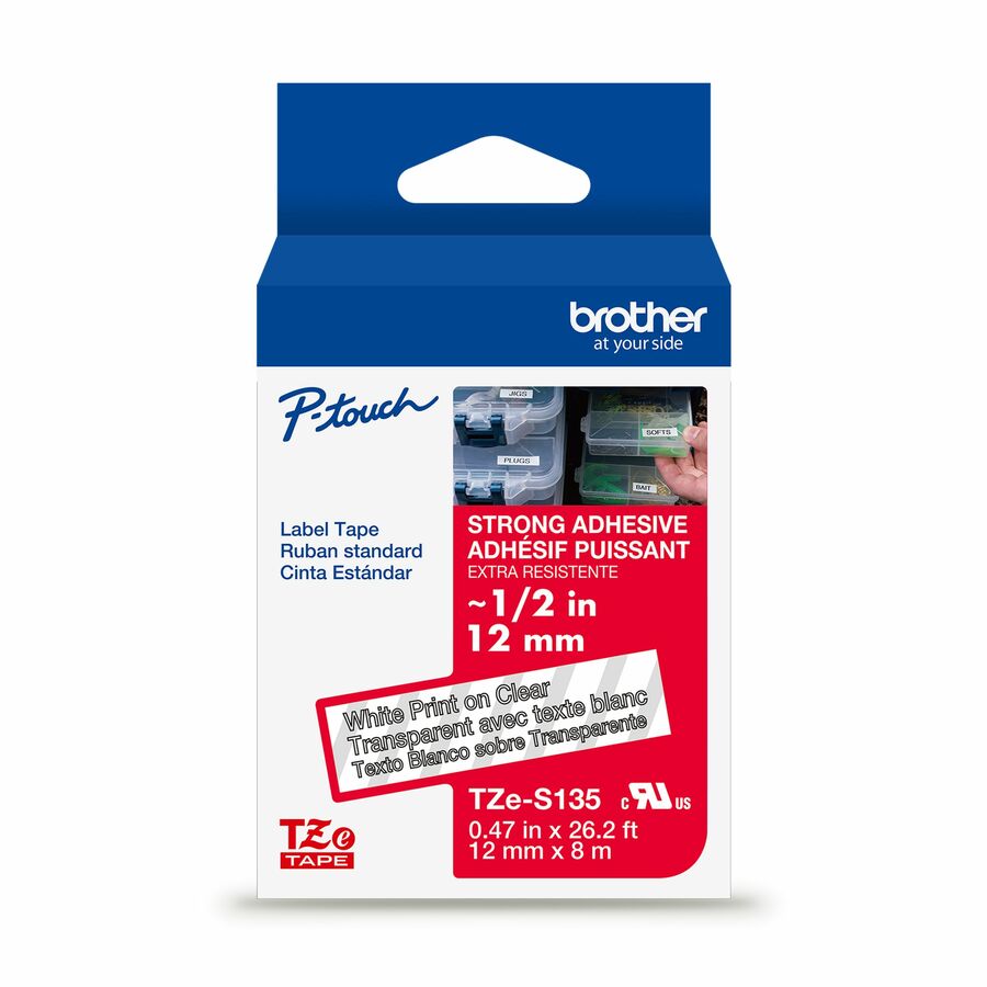 Brother Genuine P-touch TZeS135 WHT on CLR Label Tape, Strong Adhesive Lam., 12mmX8m