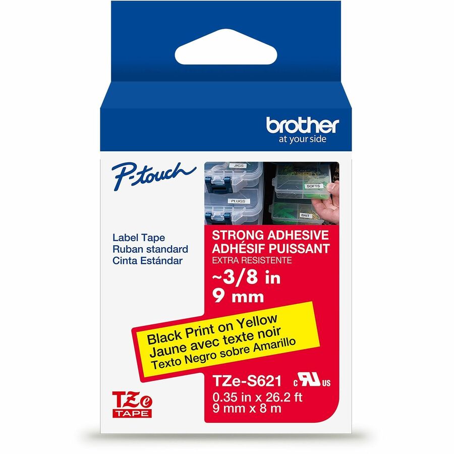 Brother Genuine P-touch TZeS621 BK on YL Label Tape, Strong Adhesive Lam., 9mmX8m