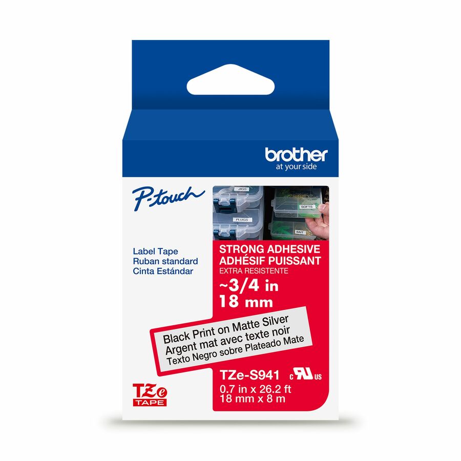 Brother Genuine P-touch TZeS941 BK on MATTE SLV Label Tape, Strong Adhesive Lam., 18mmX8m