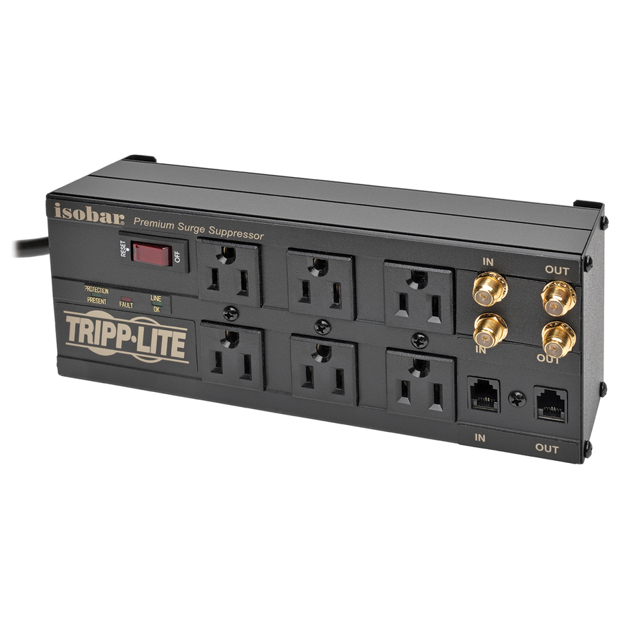 Eaton Tripp Lite Series Isobar 6-Outlet Surge Protector, 6 ft. Cord with Right-Angle Plug, 3330 Joules, Diagnostic LEDs, Tel/Coax/Modem, Metal