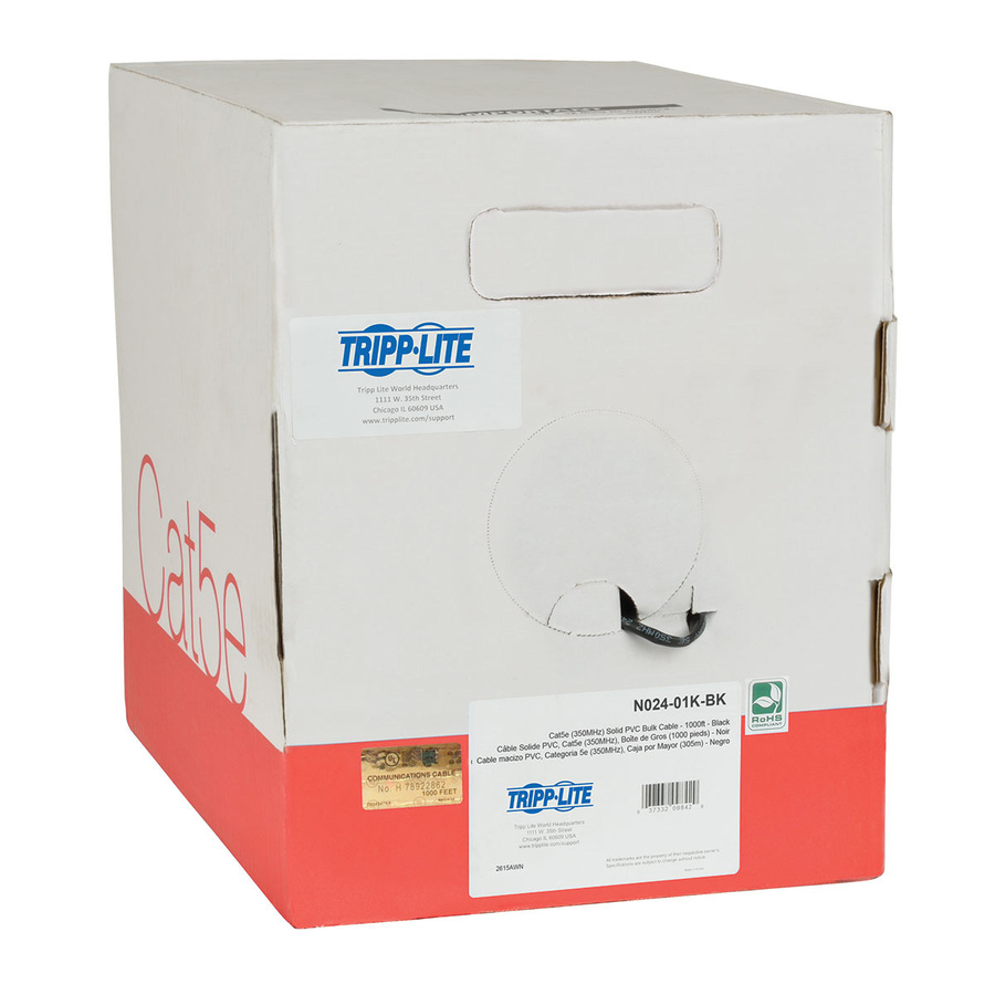Eaton Tripp Lite Series Cat5e 350 MHz Solid Core Plenum-Rated (UTP) PVC Bulk Ethernet Cable - Black, 1000 ft. (304.8 m), TAA