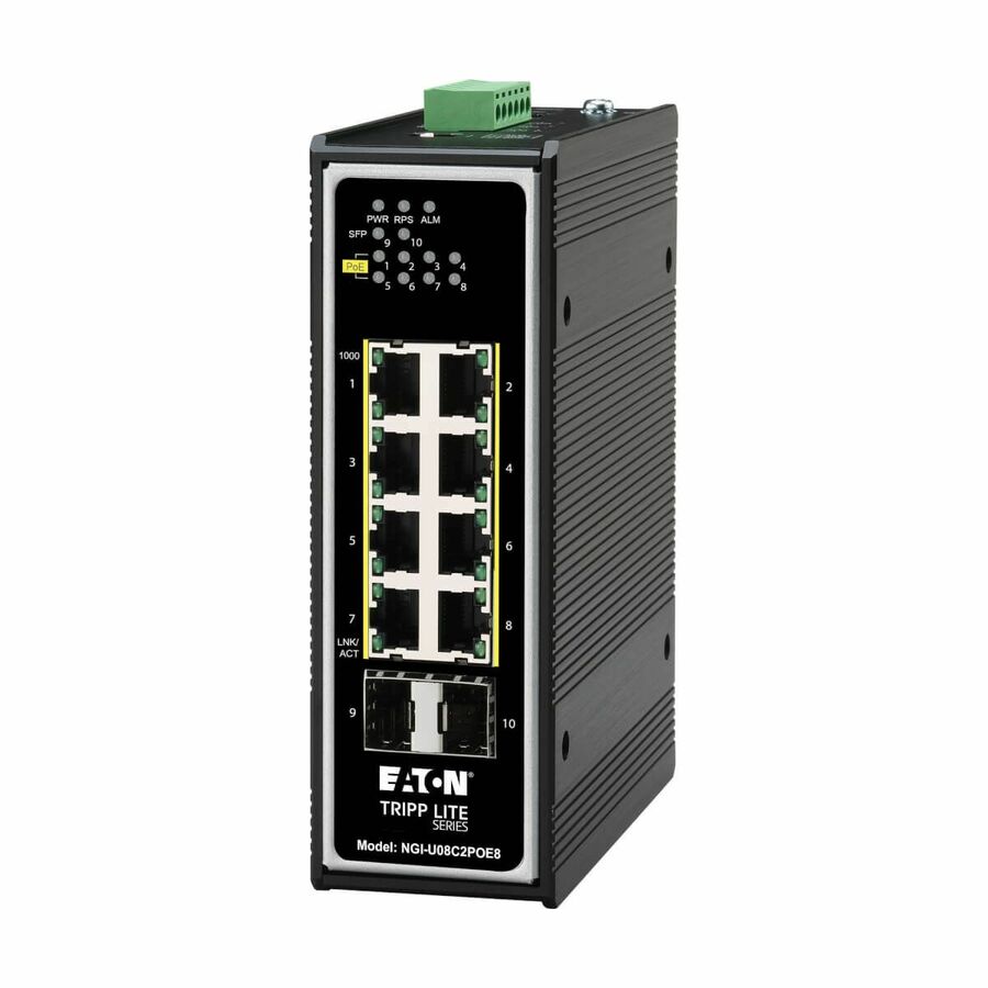 Tripp Lite by Eaton 8-Port Unmanaged Industrial Gigabit Ethernet Switch 10/100/1000 Mbps PoE+ 30W 2 GbE SFP Slots -40° to 75°C DIN Mount