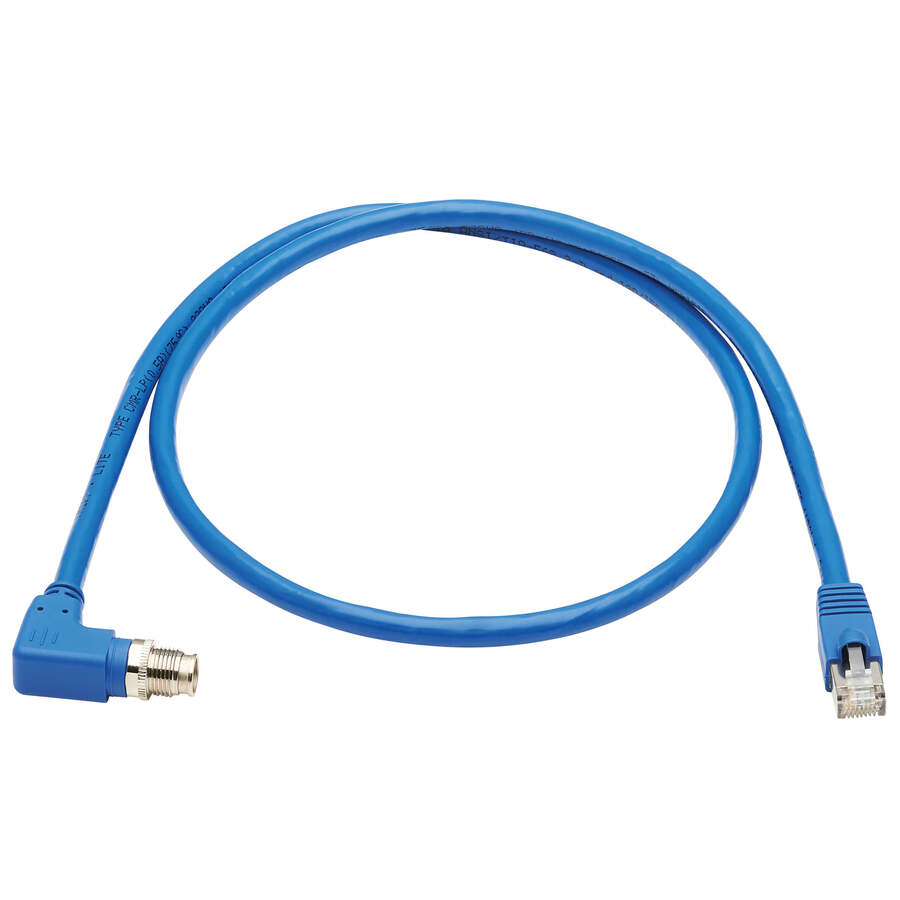 Eaton Tripp Lite Series M12 X-Code Cat6a 10G F/UTP CMR-LP Shielded Ethernet Cable (Right-Angle M12 M/RJ45 M), IP68, PoE, Blue, 2 m (6.6 ft.), TAA