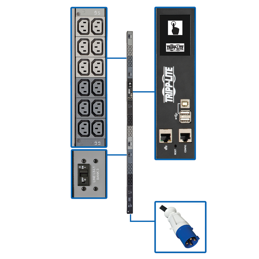 Tripp Lite by Eaton PDU 18.7kW 200-240V 3PH Monitored PDU - LX Interface Gigabit 36 C13 Outlets IEC 309 60A Blue Input LCD 1.8 m Cord 0U 1.8 m Height TAA