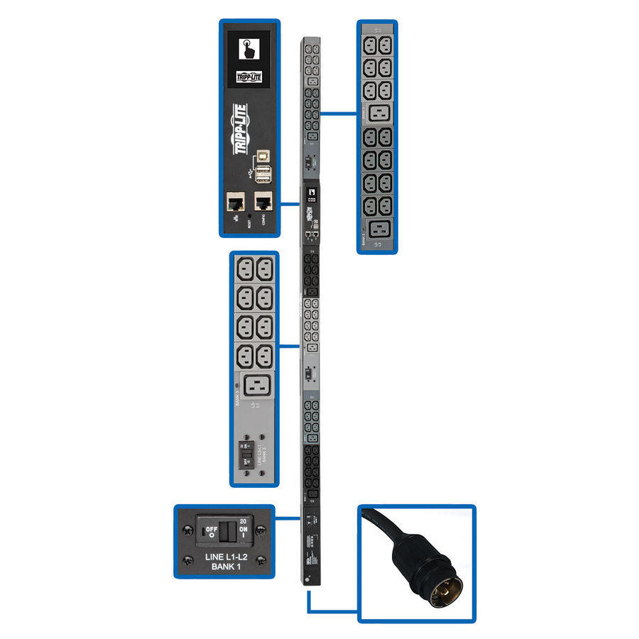 Tripp Lite by Eaton 14.5kW 200-240V 3PH Monitored PDU - LX Interface, Gigabit, 48 Outlets, Hubbell CS8365C Input, LCD, 1.8 m Cord, 0U 1.8 m Height, TAA