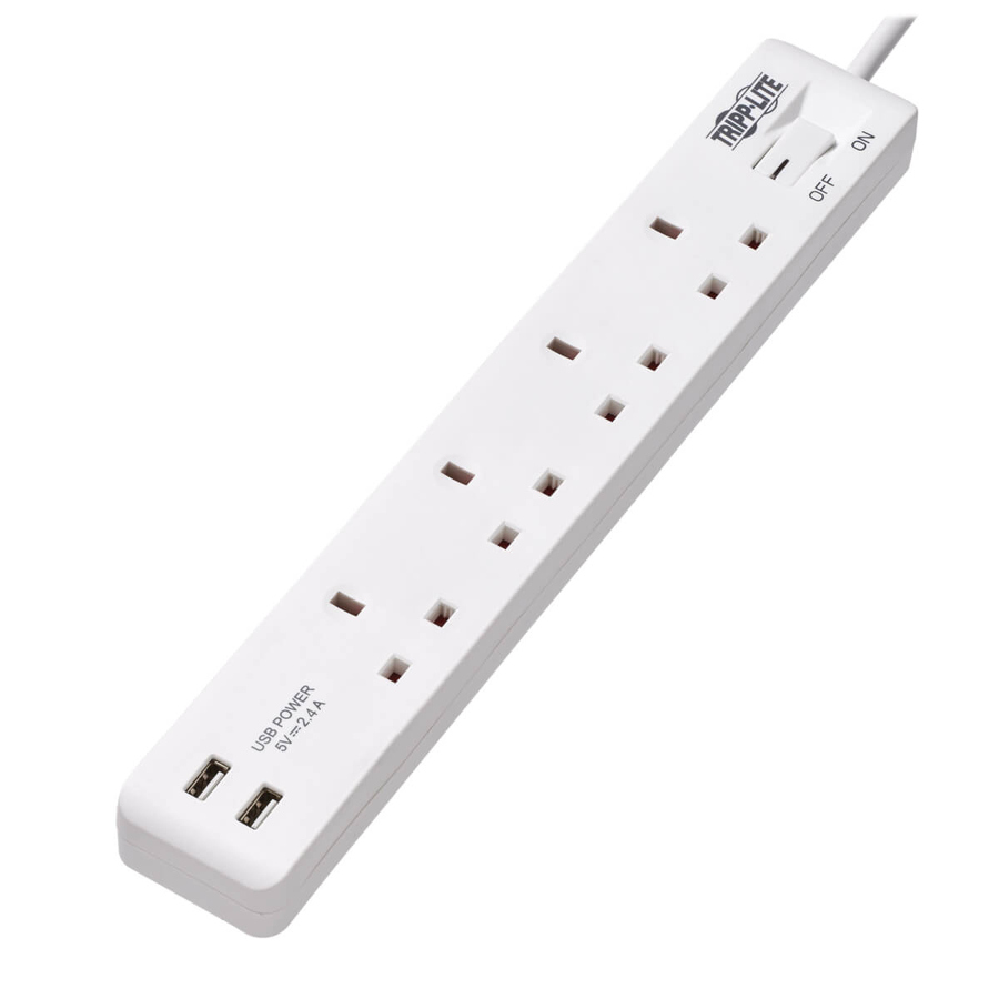 Tripp Lite by Eaton 4-Outlet Power Strip with USB-A Charging - BS1363A Outlets, 220-250V, 13A, 1.8 m Cord, BS1363A Plug, White