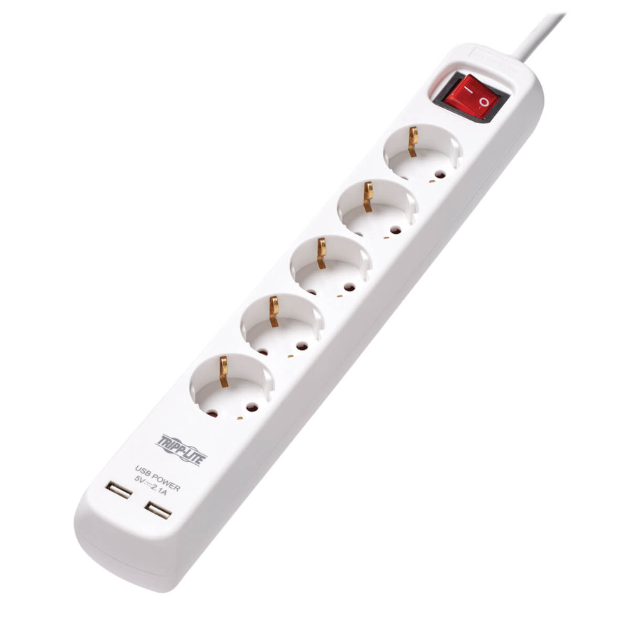 Tripp Lite by Eaton 5-Outlet Power Strip with USB-A Charging - Schuko Outlets, 220-250V, 16A, 3 m Cord, Schuko Plug, White