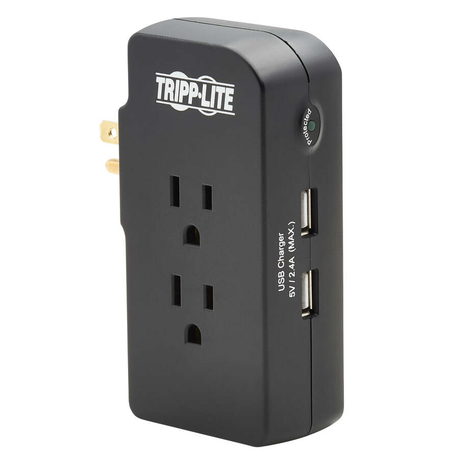 Tripp Lite by Eaton Safe-IT 3-Outlet Surge Protector, 2 USB Charging Ports, 5-15P Direct Plug-In, 1050 Joules, Antimicrobial Protection, Black