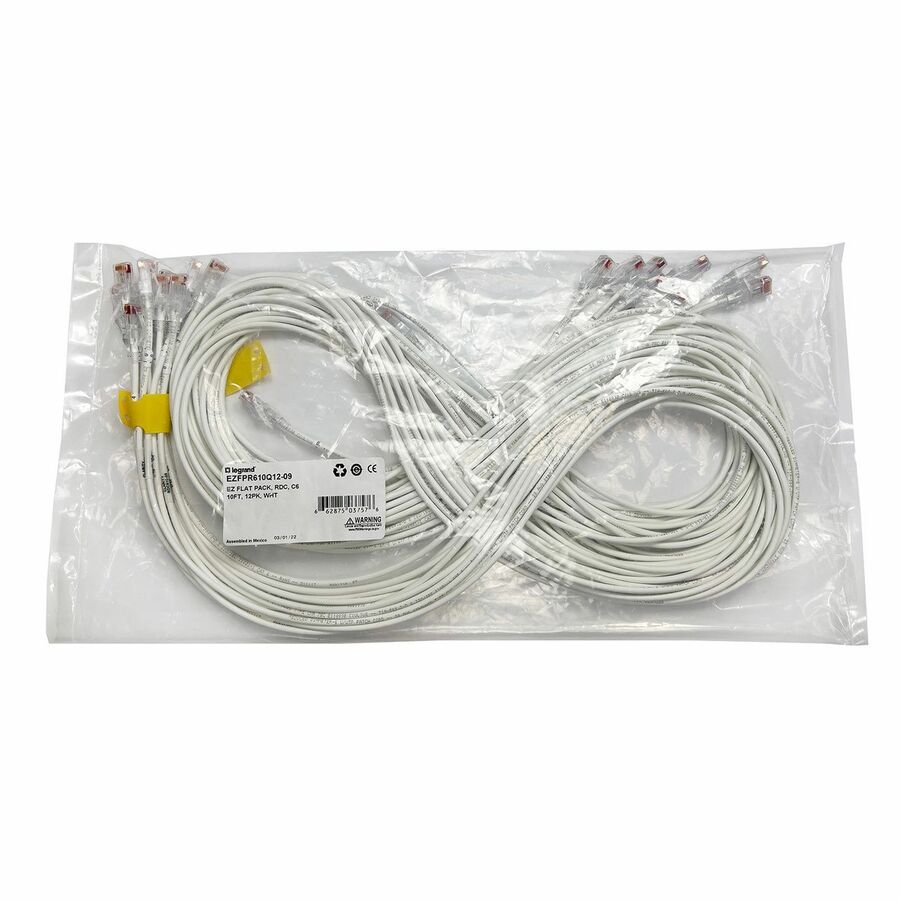 Ortronics EZ Patch Flat Pack Clarity CAT6A 5FT, 12 Pack, White