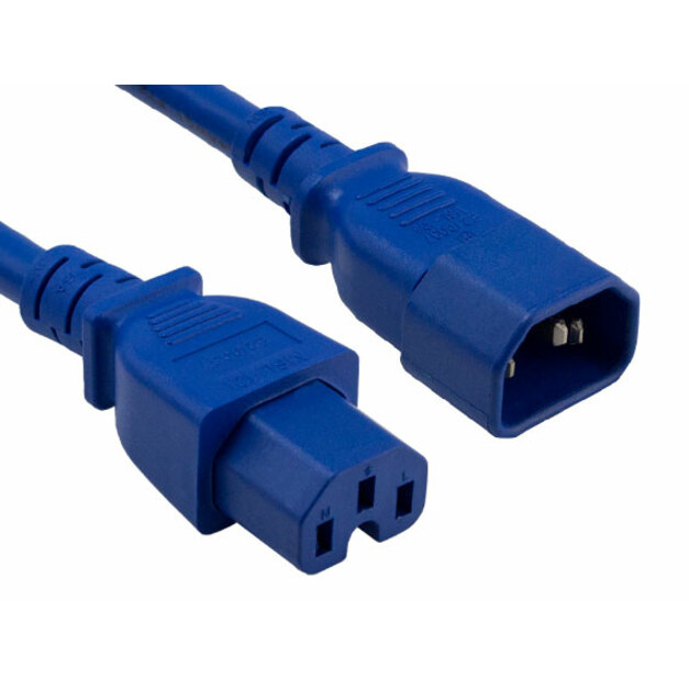ENET C14 to C15 2ft Blue Power Extension Cord 14 AWG 15A NEMA IEC-320 C14 to NEMA IEC-320 C15 Blue 2'