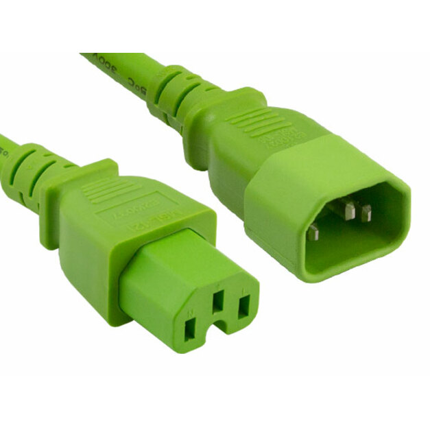 ENET C14 to C15 8ft Green Power Extension Cord 14 AWG 15A NEMA IEC-320 C14 to NEMA IEC-320 C15 Green 8'