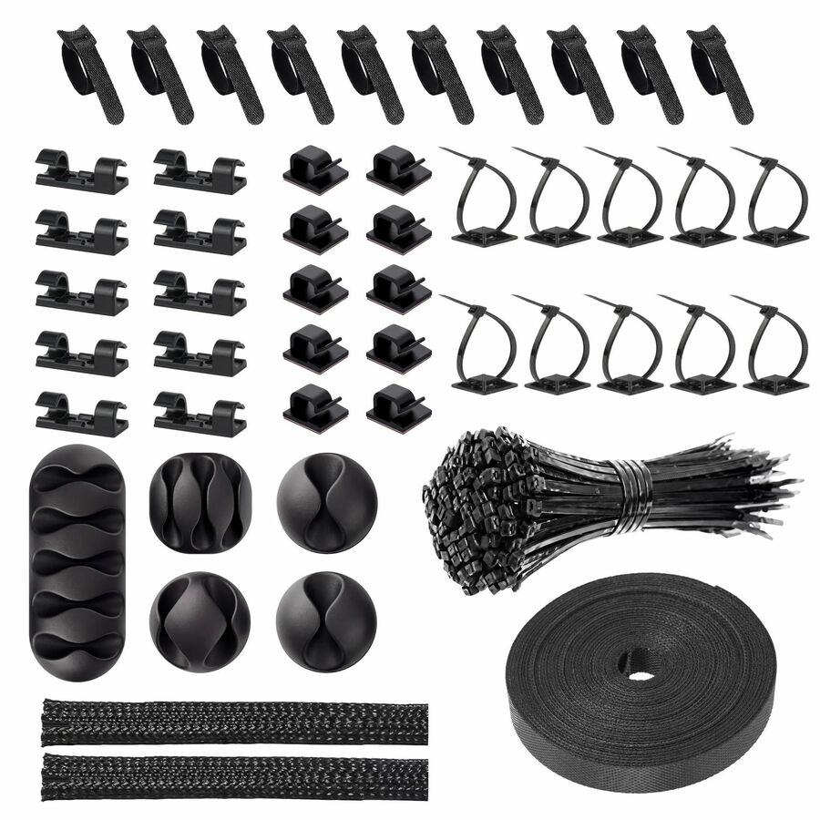 Turonic CM1 148-Piece Cable Management Kit Black - Includes Cable Clips, Ties, Silicone Cord Organizers, Split Sleeves and Hook & Loop Roll