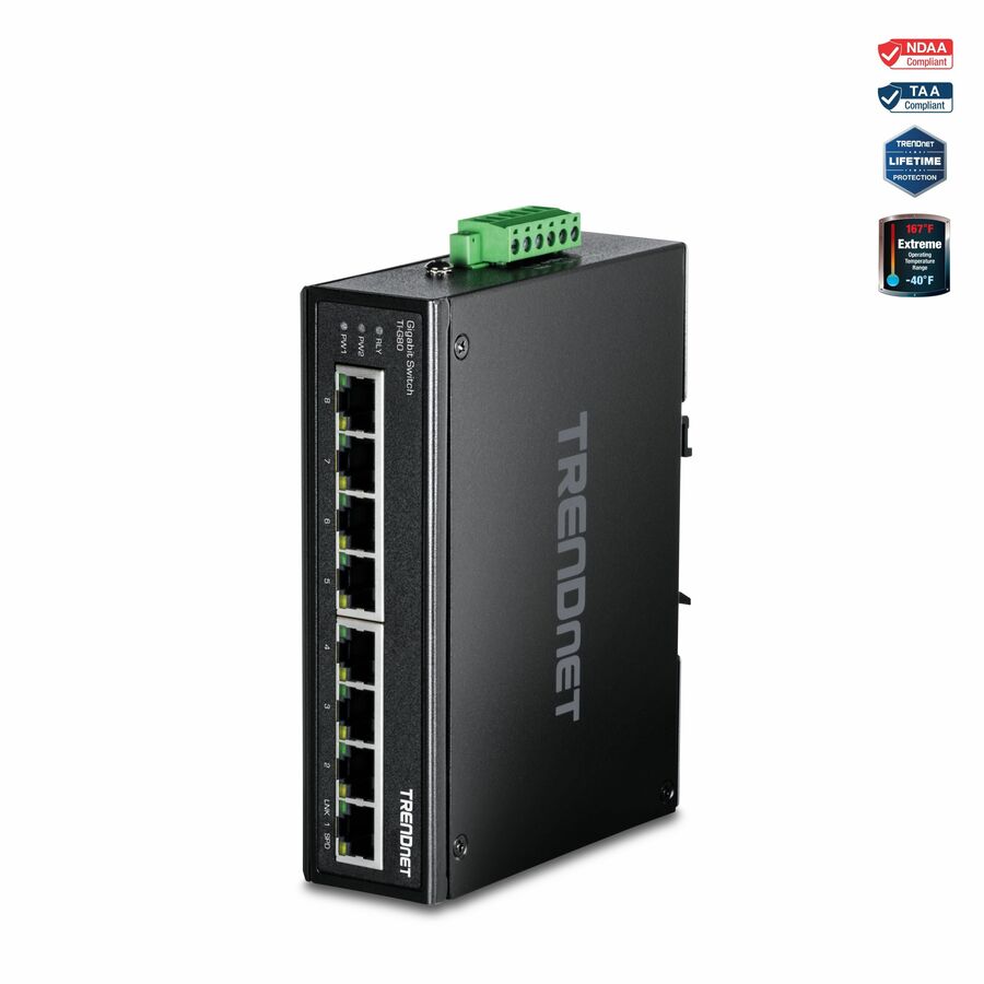 TRENDnet 8-Port Industrial Gigabit Ethernet DIN-Rail Switch, TI-G80, 8 x Gigabit Ethernet Ports, IP50 Rated, 16Gbps Switching Capacity, NDAA TAA Compliant, Lifetime Protection